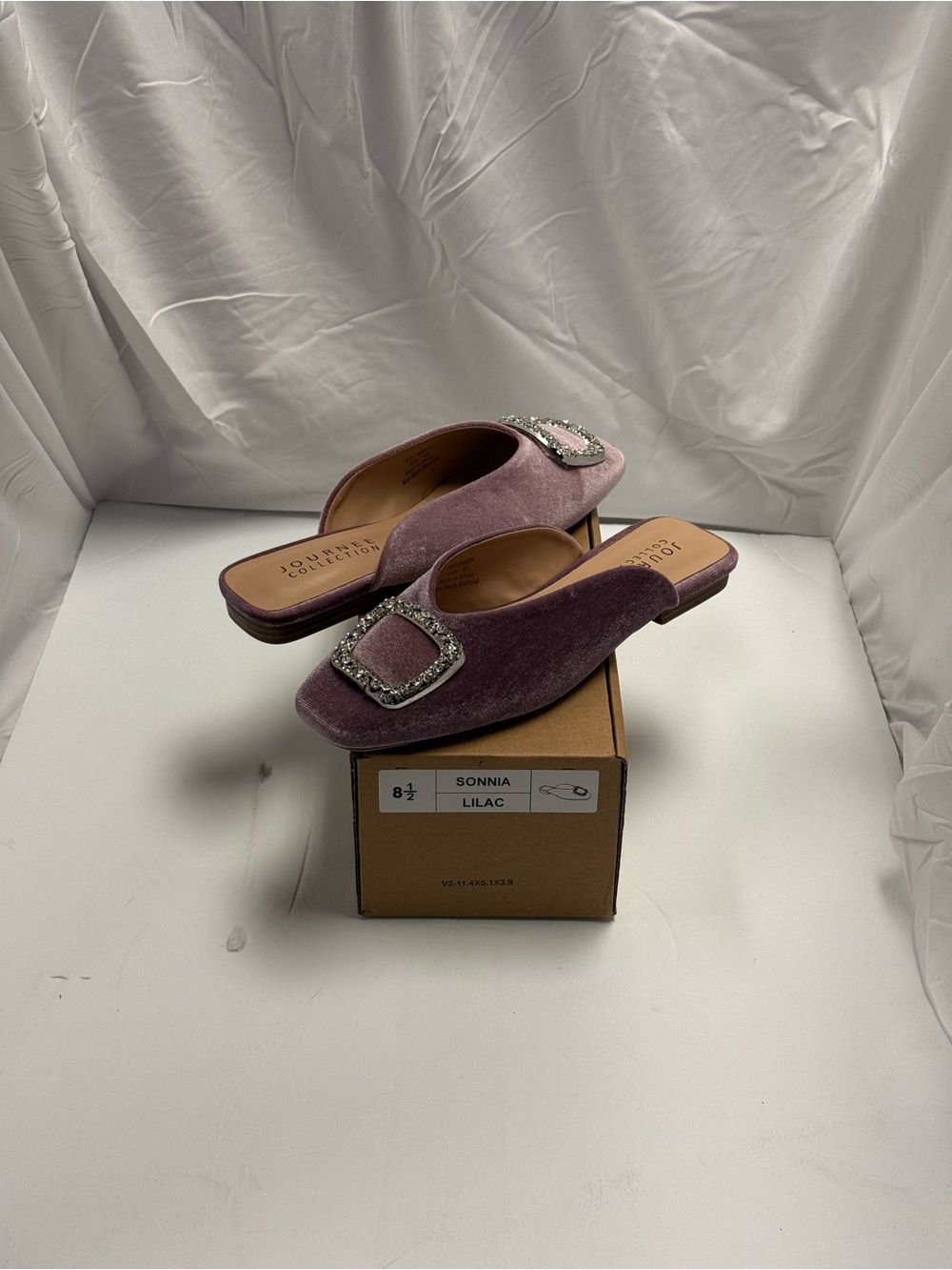 Journee Collection Lilac Velvet Jeweled Buckle Slip-On Mules